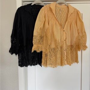 Anthropologie Lace-Trim Button Front Blouse in Mustard and Black